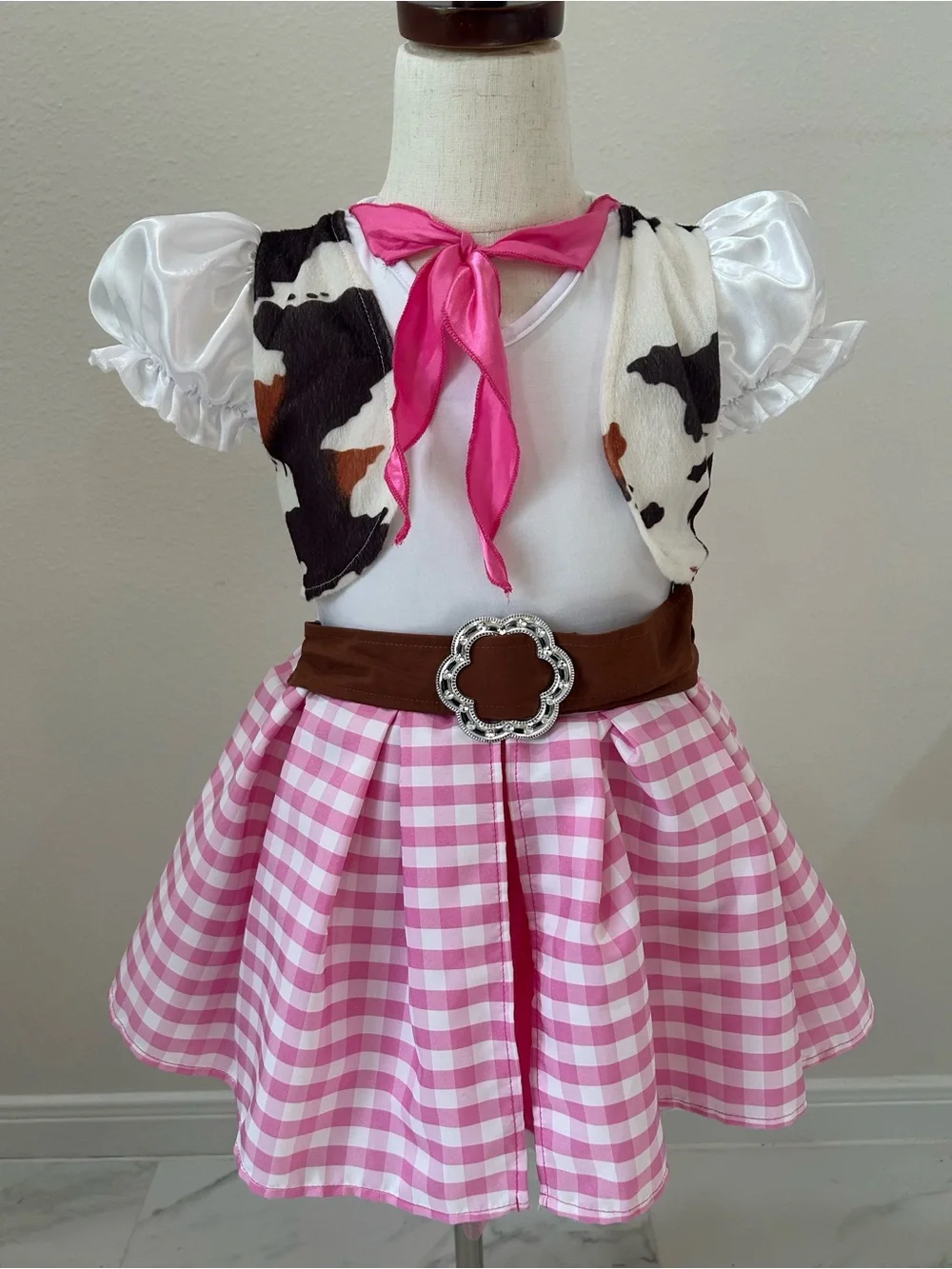 Pink Gingham Cowgirl Dress Costume with Attached Vest, Bandana and Belt